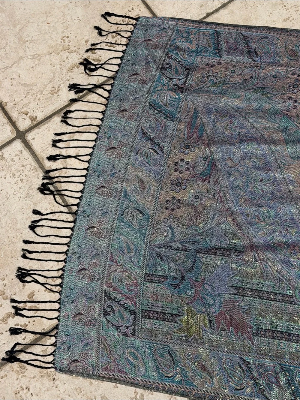 pashmina Teal, Purple & Black Paisley Woven Shawl with Fringe